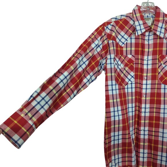 Vintage Ruddock Men's Long-Sleeve Shirt Red Plaid Western Shirt Pearl Snap sz M - Picture 3 of 16